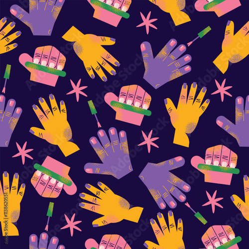 Nail care tools seamless pattern manicure accessories hands with polished nails. Colorful flat illustration of nail scissors, polish bottles, cuticle nippers, files. Nail care and beauty concept