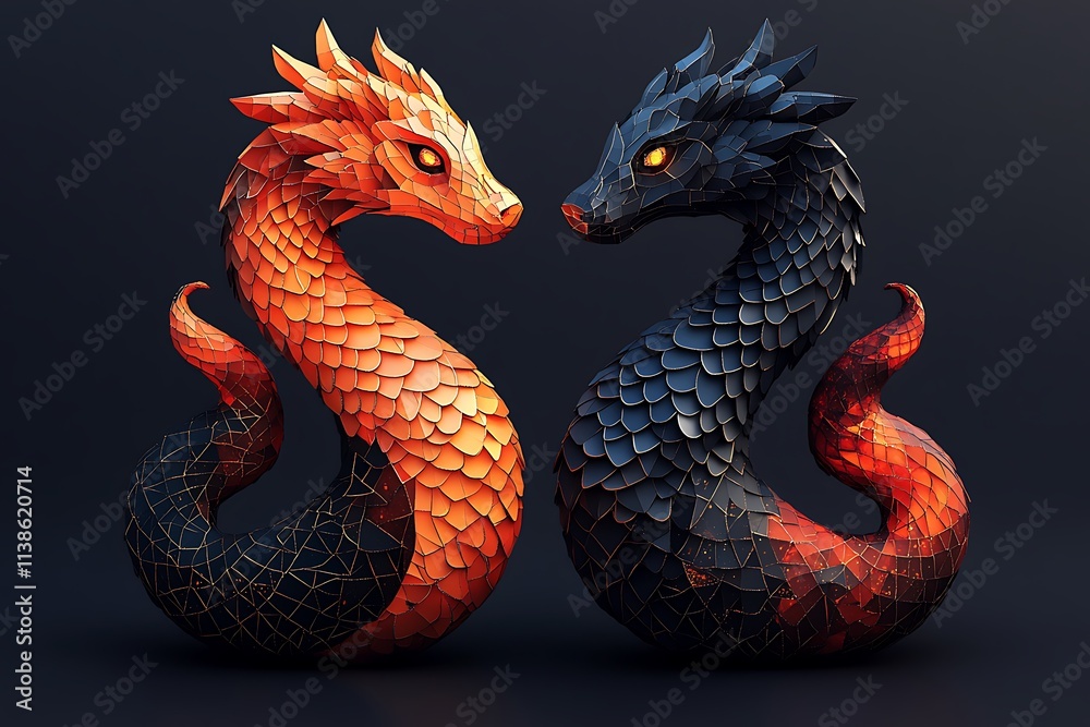 Fototapeta premium Two Dragon Statues Facing Each Other A Majestic Display .