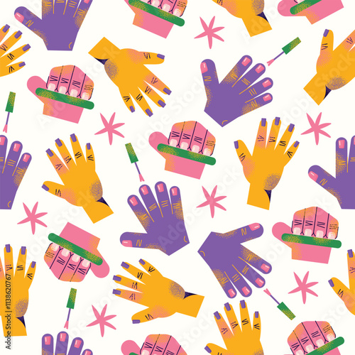 Nail care tools seamless pattern manicure accessories hands with polished nails. Colorful flat illustration of nail scissors, polish bottles, cuticle nippers, files. Nail care and beauty concept