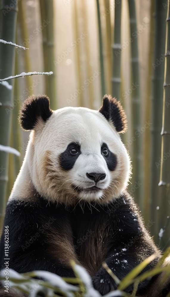Obraz premium A giant panda sitting peacefully in a snow-covered bamboo forest, its black-and-white fur contrasting beautifully with the frosty landscape and golden sunlight filtering through the trees