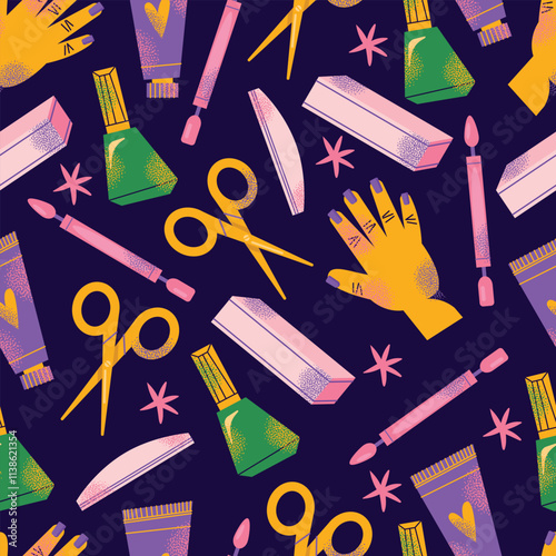 Nail care tools seamless pattern manicure accessories hands with polished nails. Colorful flat illustration of nail scissors, polish bottles, cuticle nippers, files. Nail care and beauty concept