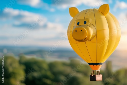 A vibrant yellow hot air balloon shaped like a playful pig floats against a bright blue sky, surrounded by greenery, creating a whimsical atmosphere. photo