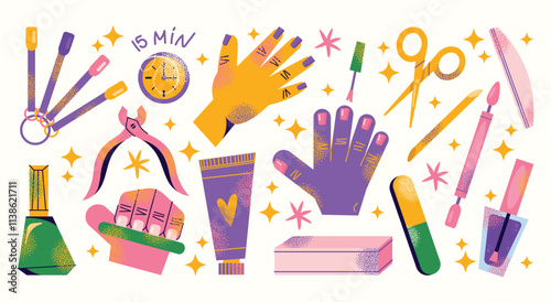 Nail care tools set manicure accessories hands with polished nails. Colorful flat illustration of nail scissors, polish bottles, cuticle nippers, files. Nail care and beauty concept