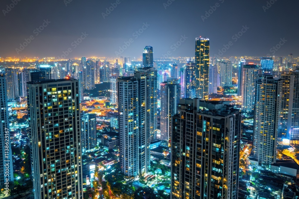 Vibrant Cityscape at Night with Illuminated Skyscrapers Vibrant Cityscape at Night with Illuminated Skyscrapers
