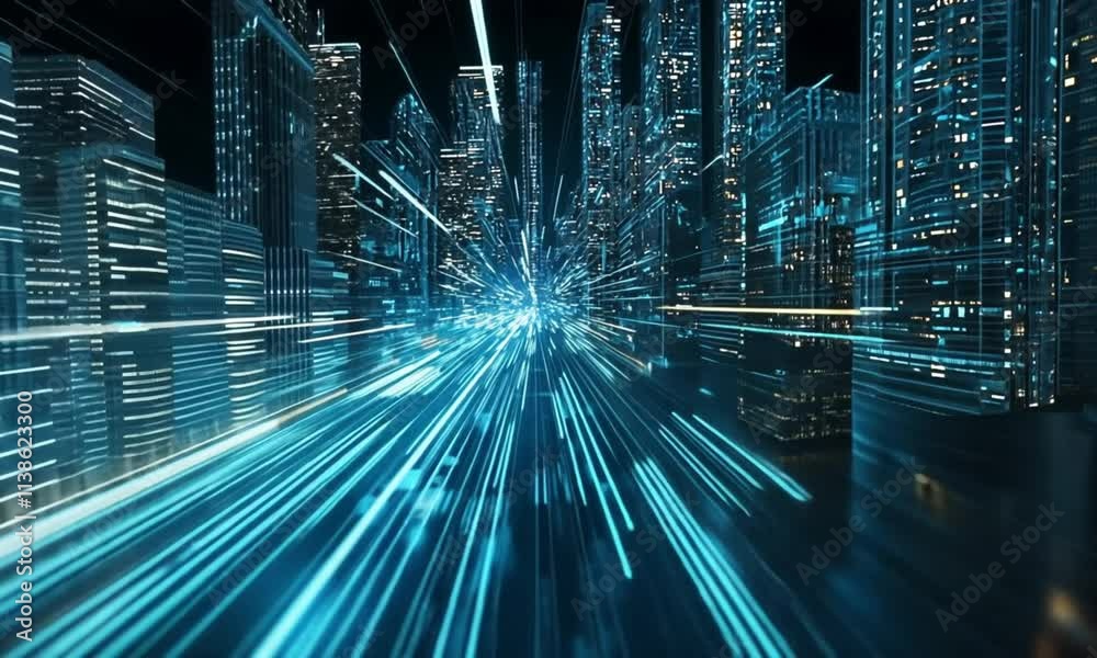 Fast data streams flow through a futuristic city at night. Dynamic tech concept suitable for websites, technology articles, and presentations.