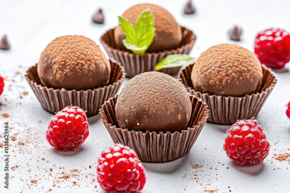 Delightful chocolate truffles decorated with fresh raspberries and mint leaves on a bright surface Delightful chocolate truffles decorated with fresh raspberries and mint leaves on a bright surface