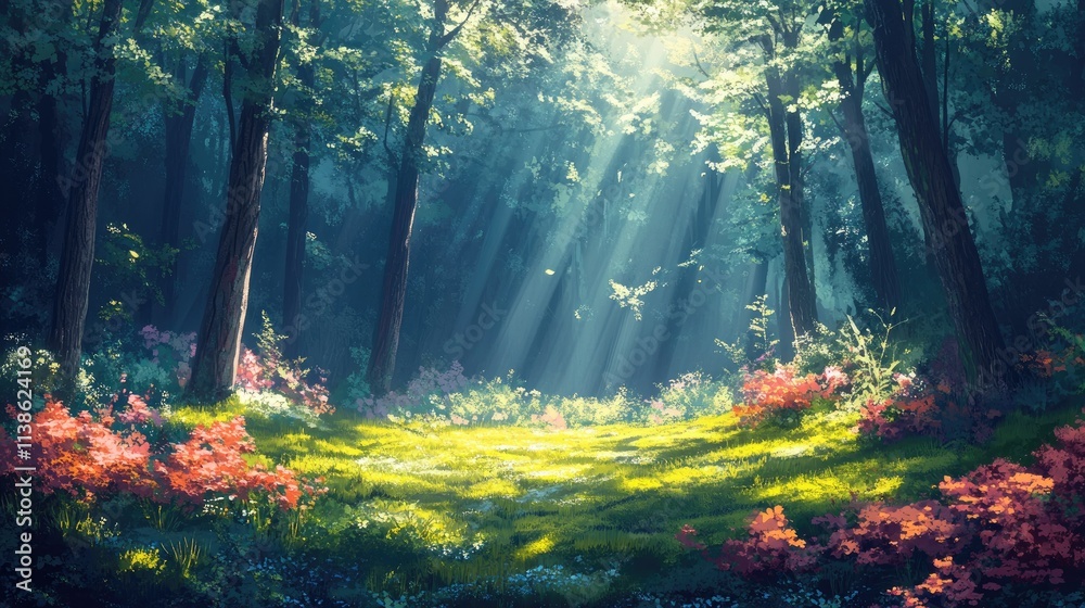 Obraz premium Sunbeams illuminate a mystical forest path.