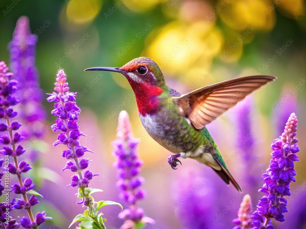 Fototapeta premium A Mexican bush sage panorama frames Anna's hummingbird's breathtaking, rapid flight.
