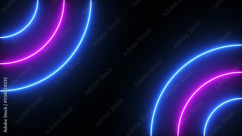 Abstract neon background of blue and pink laser lines forming circles. Neon glowing dynamic light lines seamless motion. Vibrant radial fluorescent neon lines on black, colorful intro and opener. 4k.