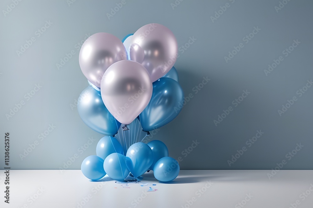 ia generated. Several blue balloons floating gracefully in a minimalist blue studio, celebrating happiness and joy with a pastel colored ia generated. Several blue balloons floating gracefully in a minimalist blue studio, celebrating happiness and joy with a pastel colored