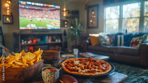 A group of people are watching a football game and eating pizza