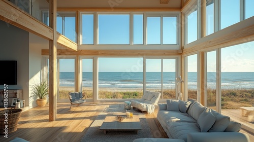 Modern beach house living room with ocean view.