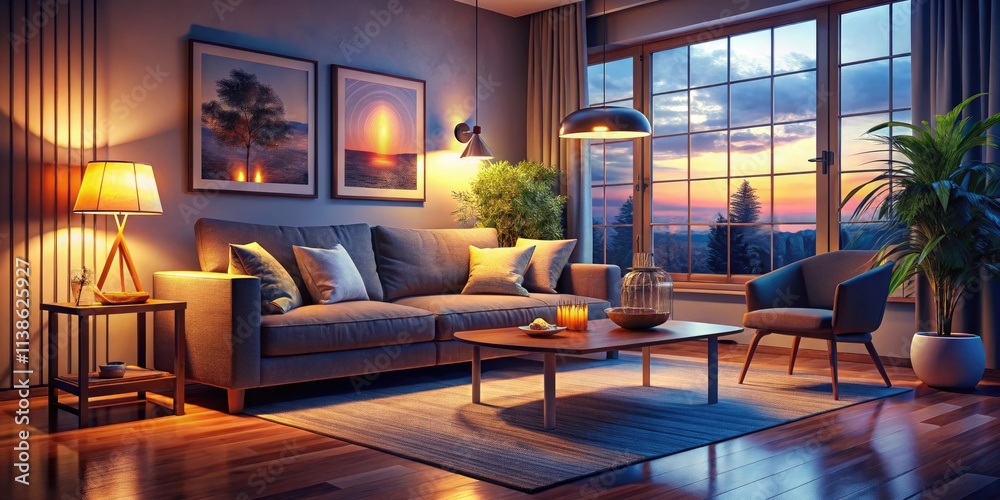 Fototapeta premium Evening shadows lengthen on the plush sofa, a gentle lamp glows nearby.