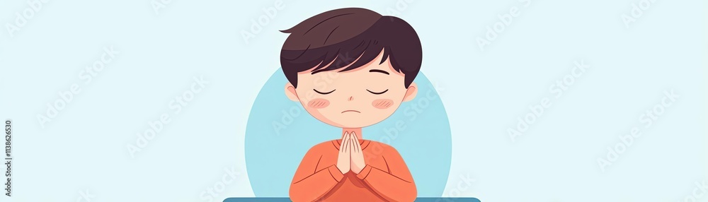 A peaceful boy practicing mindfulness with closed eyes and hands in prayer position. A peaceful boy practicing mindfulness with closed eyes and hands in prayer position.
