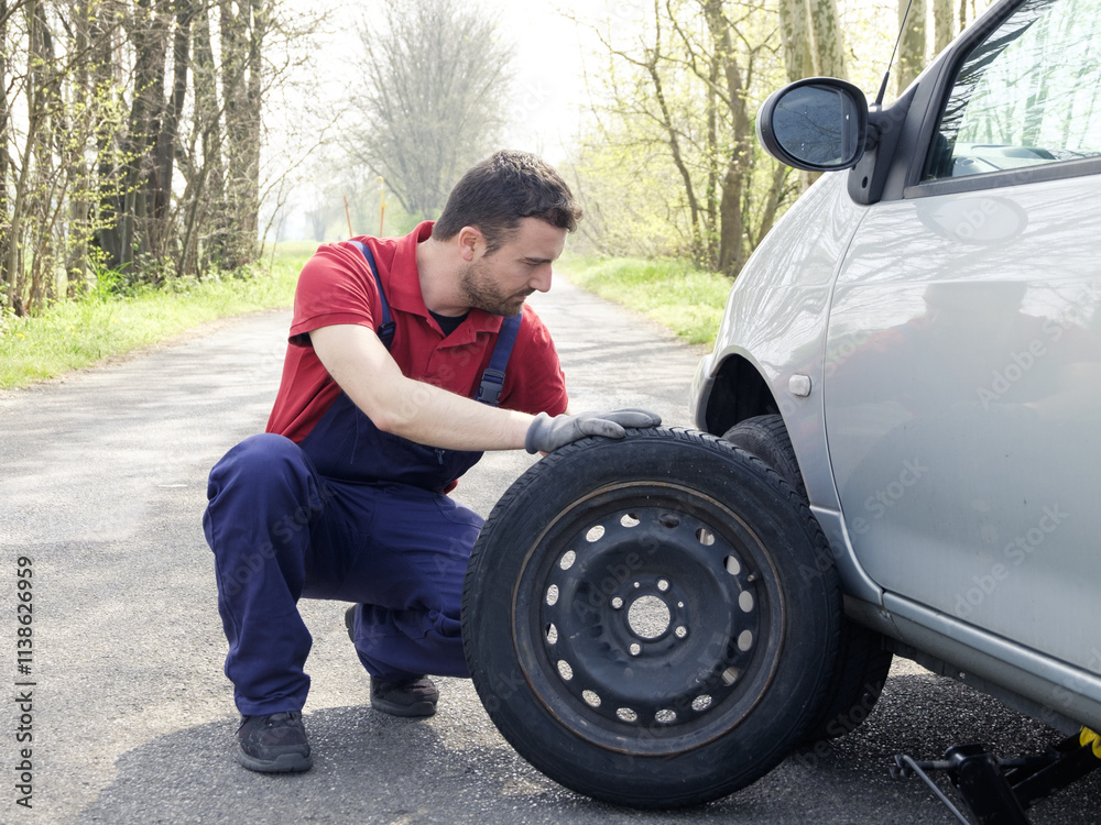 man fixing a car problem after vehicle breakdown on the road man fixing a car problem after vehicle breakdown on the road