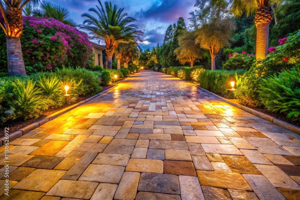 Fototapeta premium Long exposure reveals serene travertine courtyard; seamless paving stones bathed in golden light.