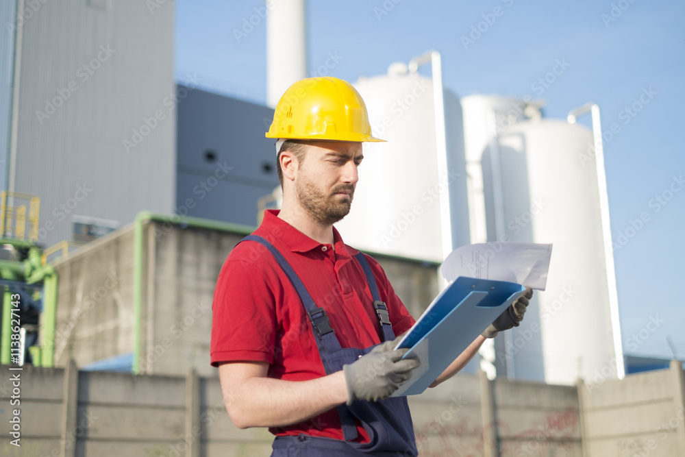 Worker with helmet working outside a modern factory Worker with helmet working outside a modern factory