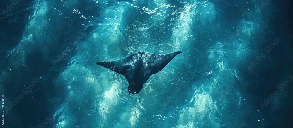 Naklejka premium Manta ray swimming in turquoise ocean.
