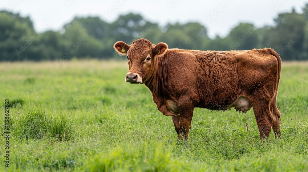 Red cow standing in a lush green pasture. Red cow standing in a lush green pasture.
