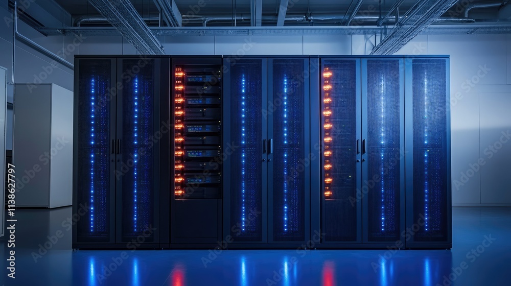 Modern data center server room with glowing racks. Modern data center server room with glowing racks.