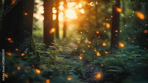 Enchanted Forest at Sunset: Magical Fireflies Dance Among Trees