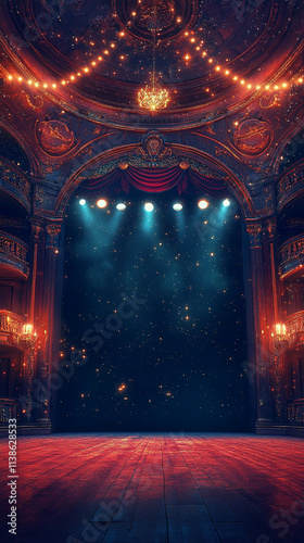 A beautifully decorated theater stage with ornate details, illuminated by soft lights and a starry backdrop. The wooden floor adds warmth to the elegant setting.