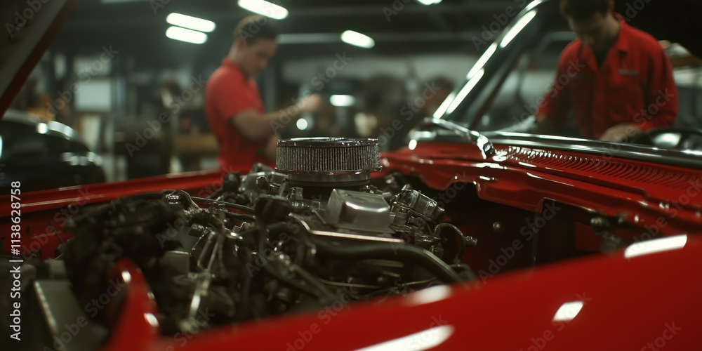 Obraz premium A close-up of a red car's engine while two mechanics work on it in a garage, showcasing intricate details.
