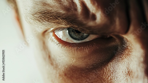 Detailed close-up of a furrowed male eyebrow and an intense blue eye, showcasing dramatic lighting and expressive emotion. AI generated. photo