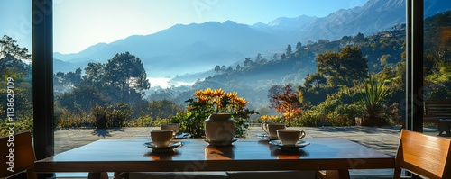 Morning Coffee With Breathtaking Mountain Views, Generative AI