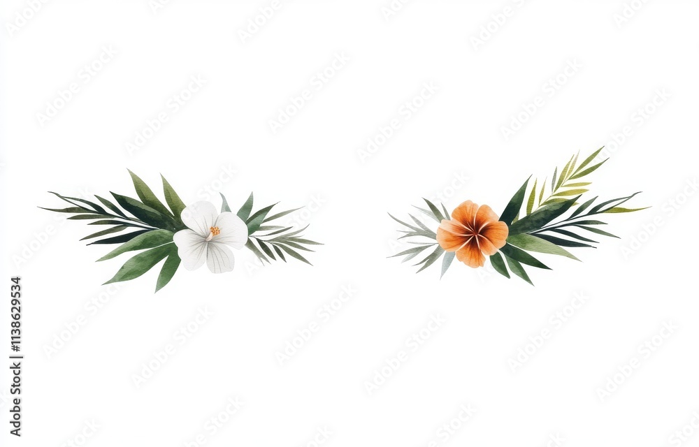 Fototapeta premium Isolated tropical flowers on a white background. Generated artificially.
