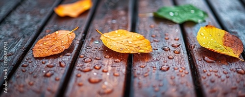Raindrops on Leaves on a Wooden Deck, Generative AI