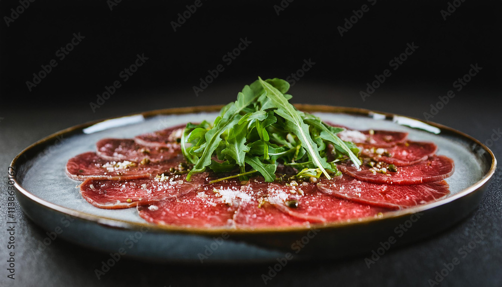 Beef carpaccio with arugula. Tasty snack. Delicious food. Cooking and culinary concept. Beef carpaccio with arugula. Tasty snack. Delicious food. Cooking and culinary concept.