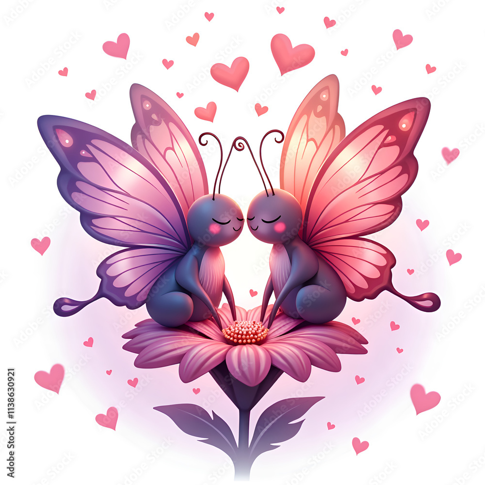 Fototapeta premium Adorable butterflies embracing on a flower surrounded by hearts, digital art of fantasy concept.