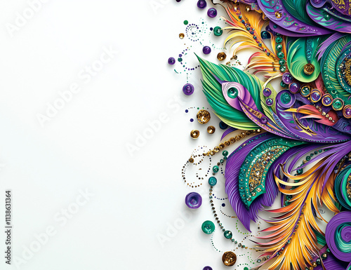 Layered paper cut-out design with Mardi Gras beads and feathers