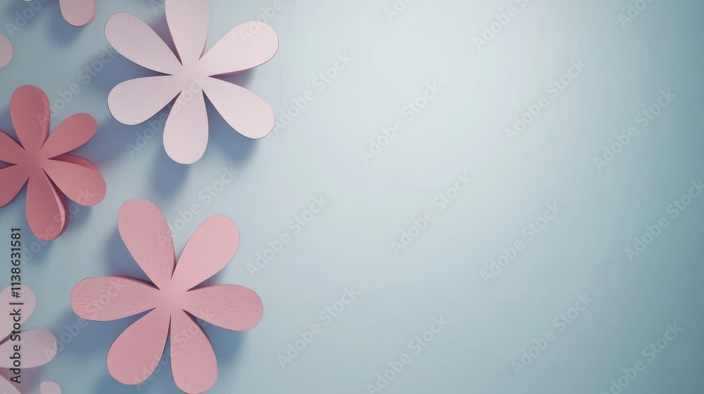Obraz premium Ample copy space on a turquoise blue background with paper flowers as a design element