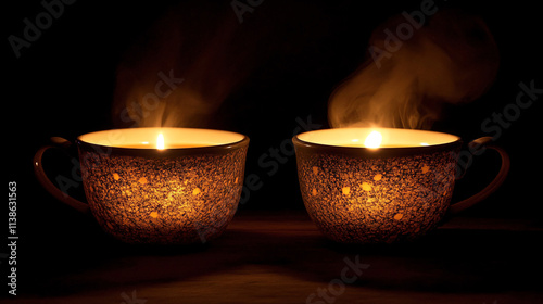Two steaming cups of tea with glowing candlelight, warm ambiance