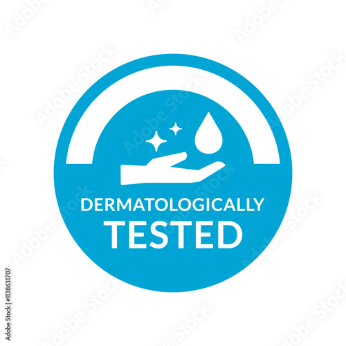 Vector dermatologically tested hand hold water drop with stars sign. Extra care clear water and medical wash blue label.