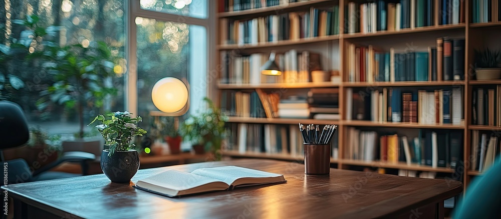 Open book on wooden desk in library with plants. Open book on wooden desk in library with plants.