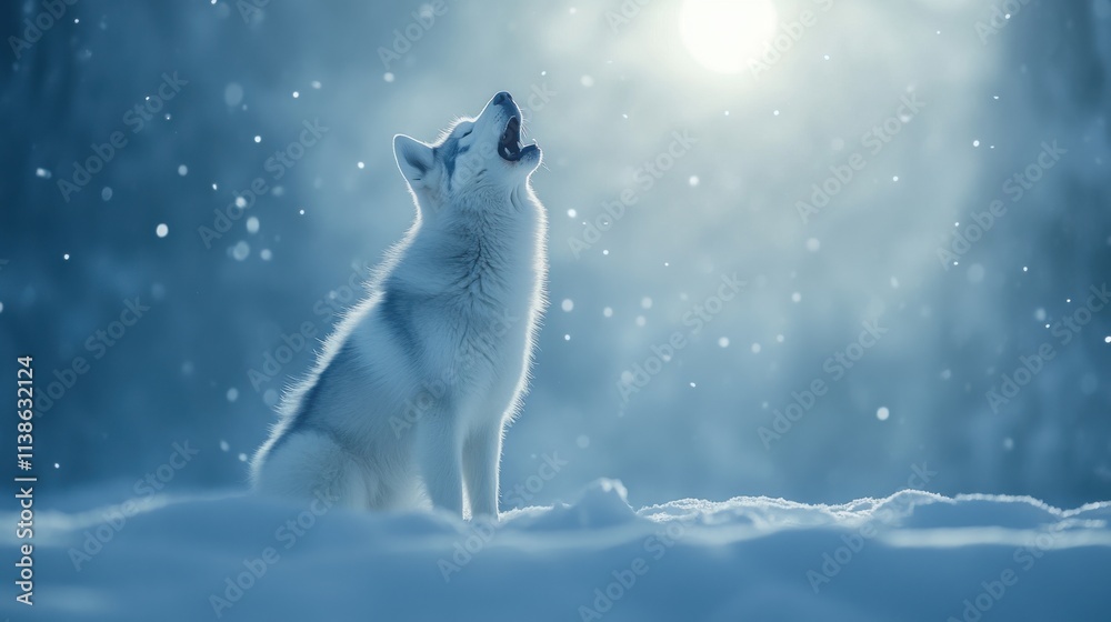 Majestic Husky howls under cloudy moon amid snowy landscape Majestic Husky howls under cloudy moon amid snowy landscape