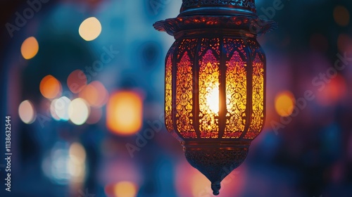 Illuminated ornate hanging lantern at night.