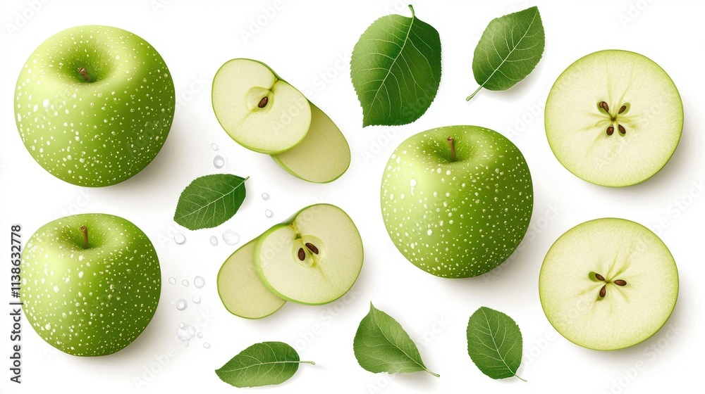 Juicy Green Apples with Leaves