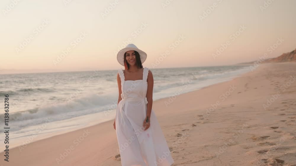 Carefree young woman walks towards the camera on a beautiful beach at sunset. She is happy and enjoying her vacation. Carefree young woman walks towards the camera on a beautiful beach at sunset. She is happy and enjoying her vacation.