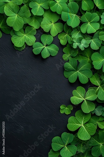 Four-leaf clovers on dark gray background. Lucky green plants for St. Patrick's Day. Natural botanical elements for holiday greeting cards, posters with copy space photo