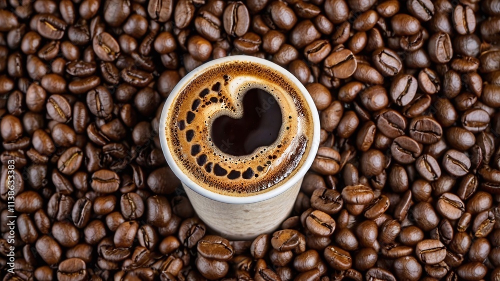 Fototapeta premium Coffee with Latte Art and Coffee Beans Top View Isolated on coffee bean Background