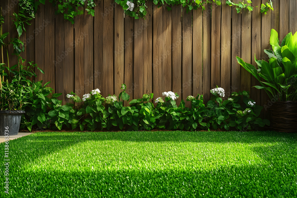 green grass lawn, plants and wooden fence in modern backyard patiohigh quailty image green grass lawn, plants and wooden fence in modern backyard patiohigh quailty image