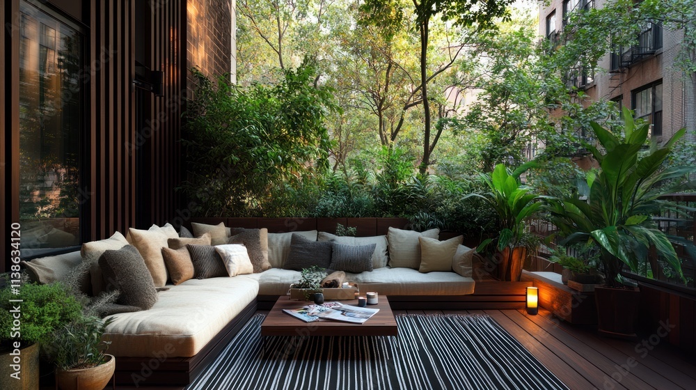 Serene urban patio with lush greenery, comfortable seating, and wooden deck. Serene urban patio with lush greenery, comfortable seating, and wooden deck.