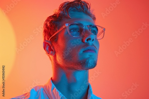 Portrait of a young man with fair skin and glasses, wearing a white shirt, illuminated by vibrant red and blue lighting, modern and dramatic photography style, artistic and expressive concept, contemp photo