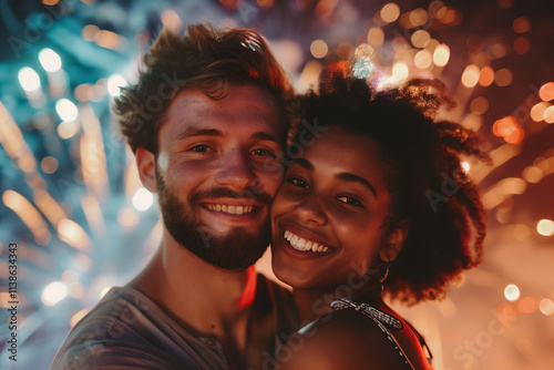 Happy young interracial couple at a fireworks display. Beautiful multiracial young people celebrating NYE celebration 2025 photo