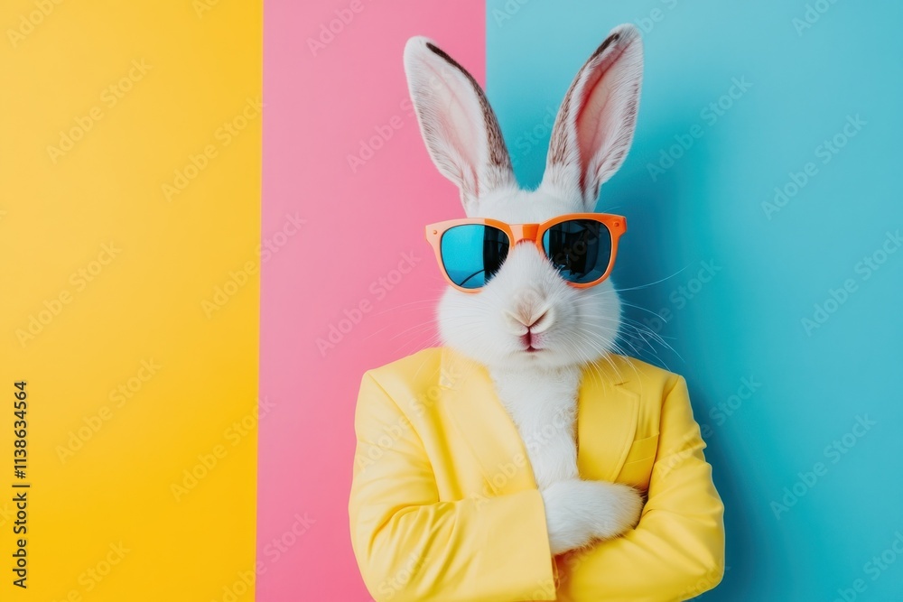 Stylish Rabbit in Colorful Background With Sunglasses Stylish Rabbit in Colorful Background With Sunglasses