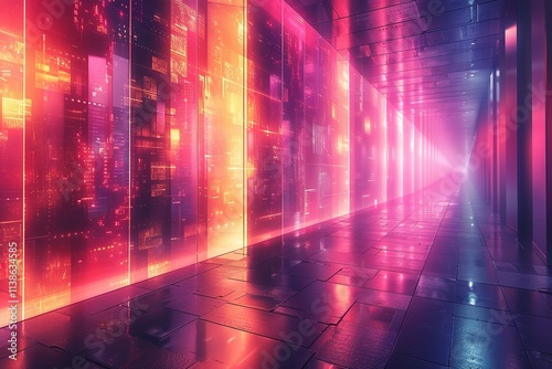 Wallpaper Mural A long hallway with neon lights and a city skyline in the background Torontodigital.ca